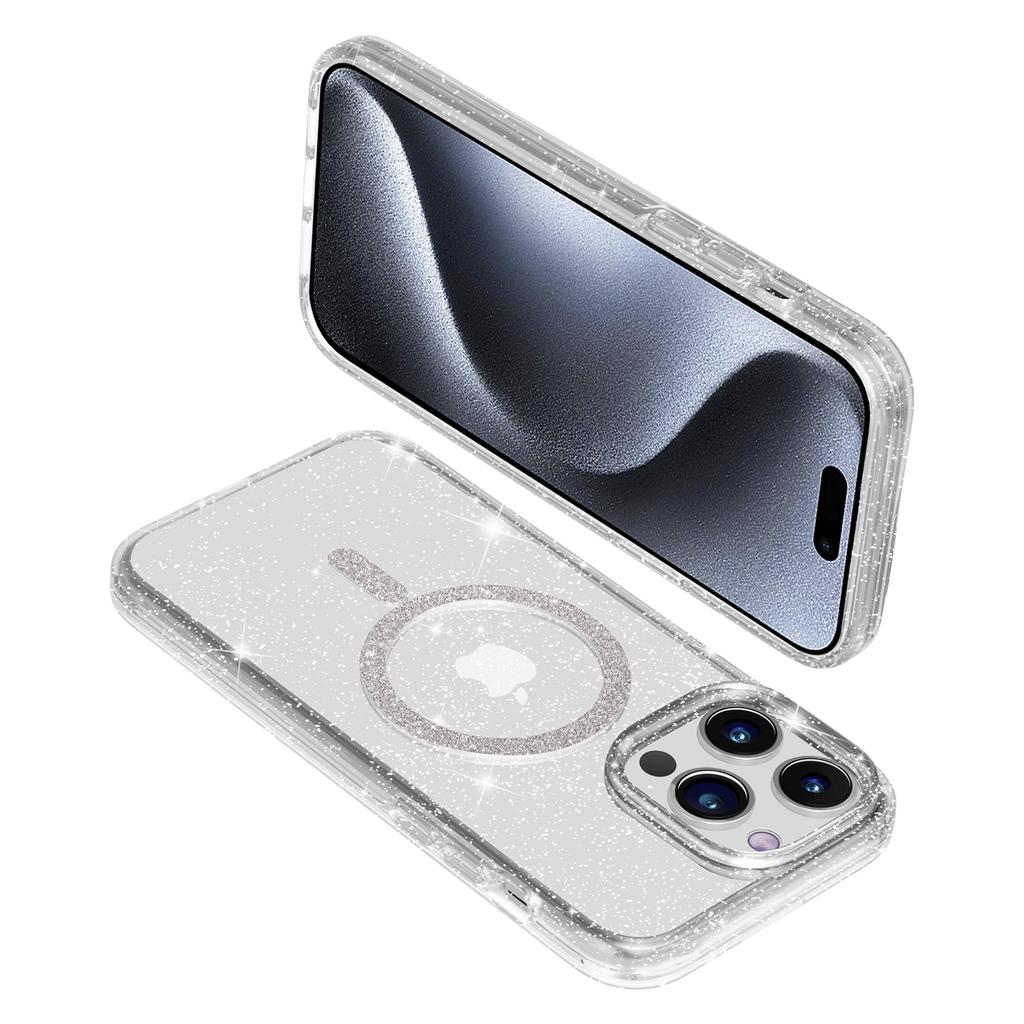 For iPhone 15 Pro Max Phone Case Compatible with MagSafe Glitter PC+TPU Hybrid Shockproof Cover