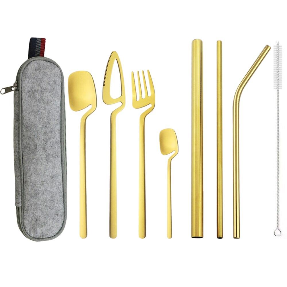Золотой портативный набор столовой посуды, уникальный дизайн, многоразовые туристические столовые приборы для кемпинга, набор столовых приборов с прямой соломинкой 215/12/6