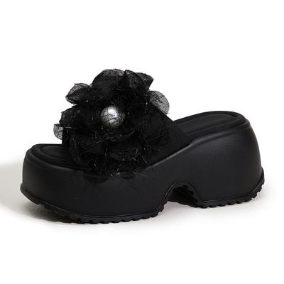 Женские шлепанцы на высоком каблуке 8 см, летние уличные сандалии с бантом-бабочкой и цветком, удобная резиновая подошва, массивные пляжные шлепанцы