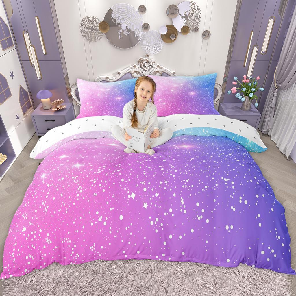 Homewish Kawaii Rainbow Duvet Cover Set for Girls, Glitter Stars Quilt Cover Set, Psychedelic Galaxy Bedding Set