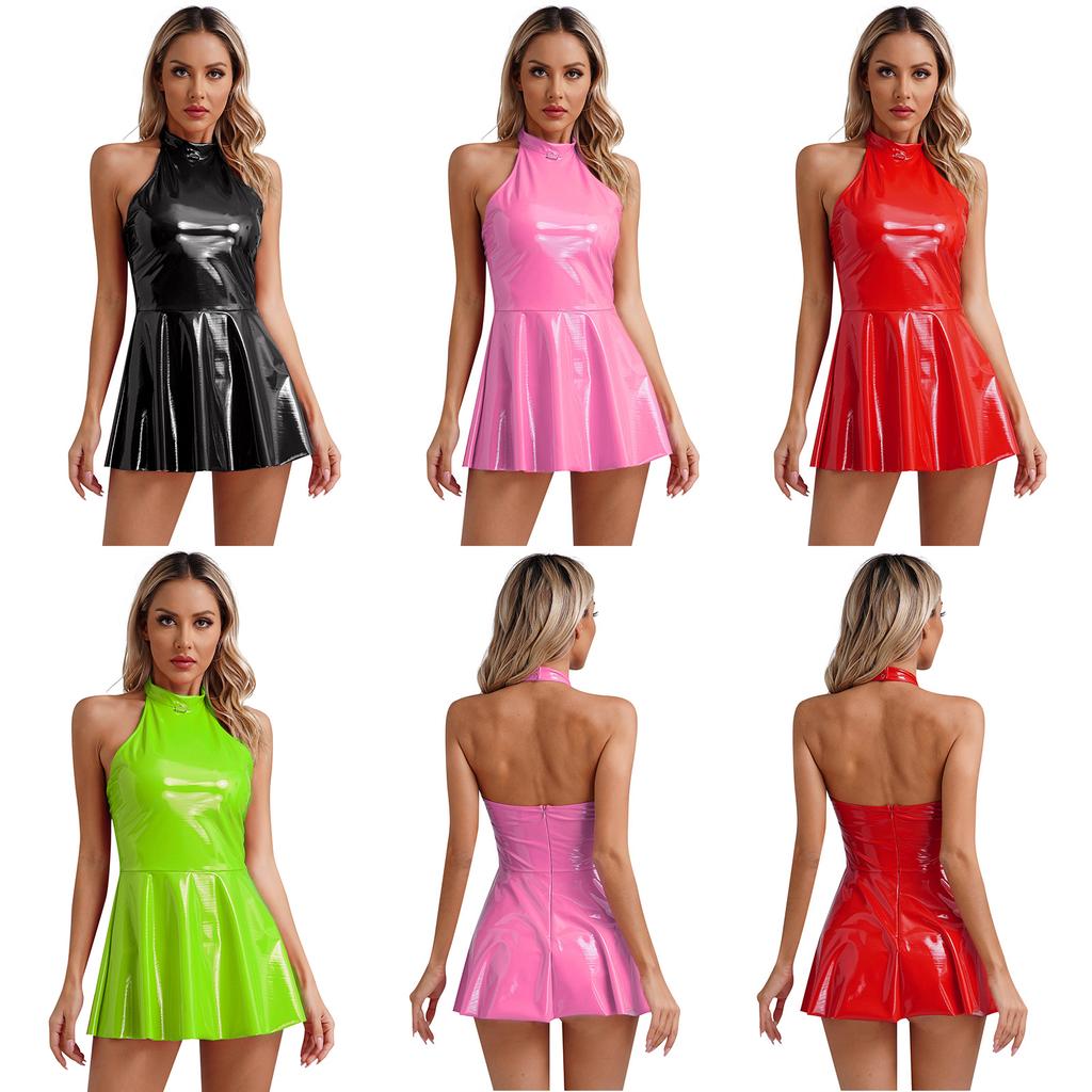 Womens Glossy Patent Leather Sleeveless Dress A-Line Mini Party Dress Clubwear Nightclub