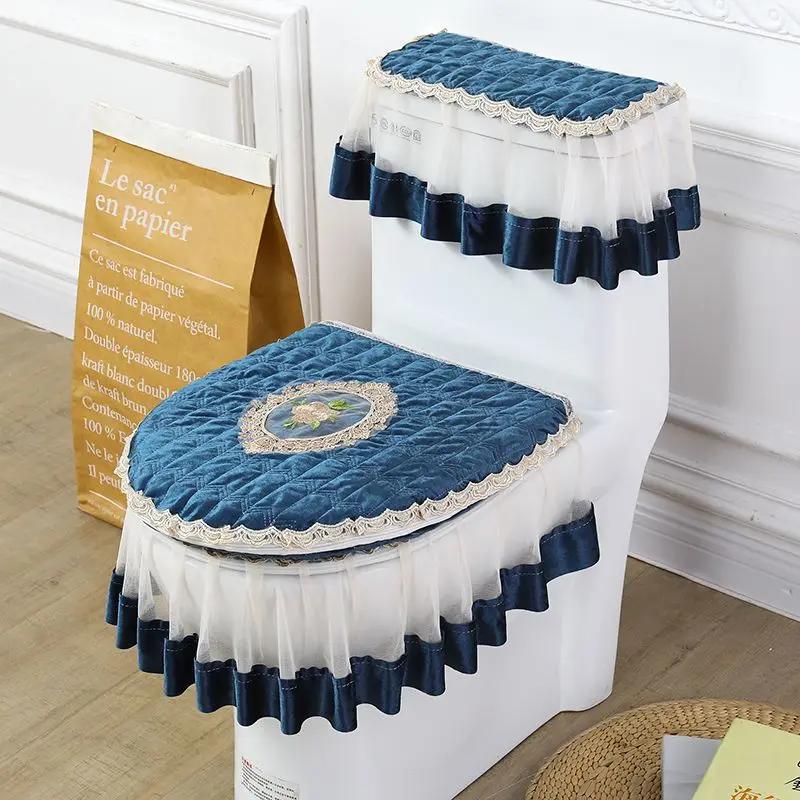 Европейский вышитый коврик для сиденья для унитаза, комплект из трех предметов, плюшевый теплый туалетный столик, пылезащитный чехол, кружевной край, прозрачный подол, подушка для сиденья унитаза