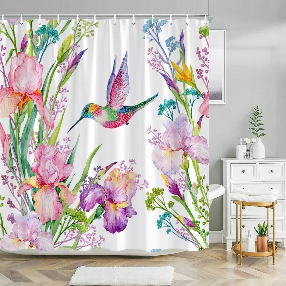 Hummingbird Floral Shower Curtain Watercolor Bird Flower Home Bathroom Decor Polyester Fabric Bathroom Curtain Set Hook Washab