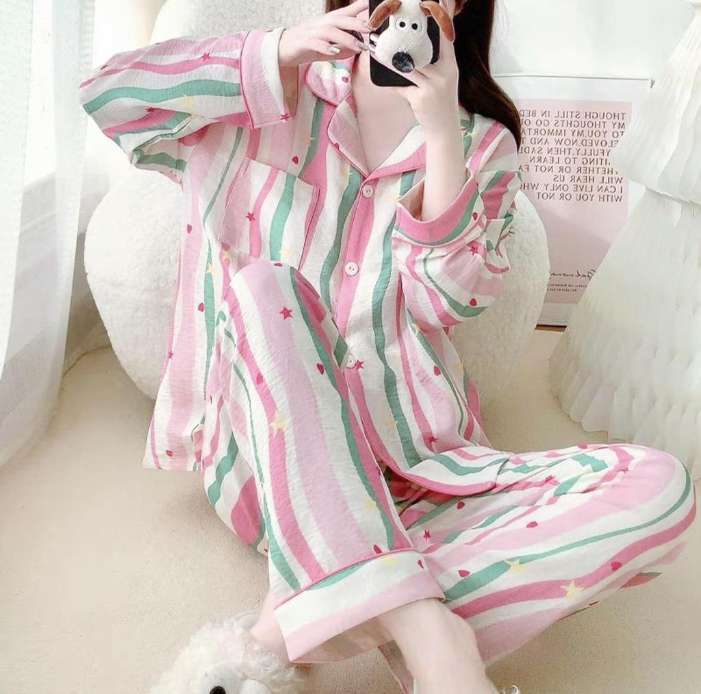 Пижамный комплект из хлопка «Облако» для женщин: Кардиган свободного кроя с длинным рукавом и милыми лацканами в студенческом стиле на весну и осень