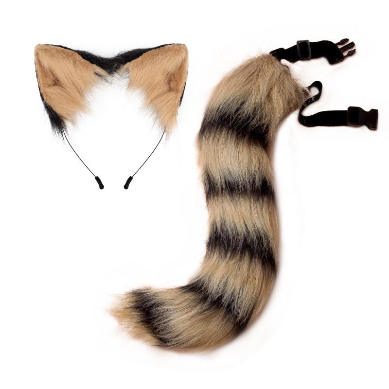 Faux Fur Fox Tail Costume Accessory With Cat Ear Headband Halloween Cosplay Party