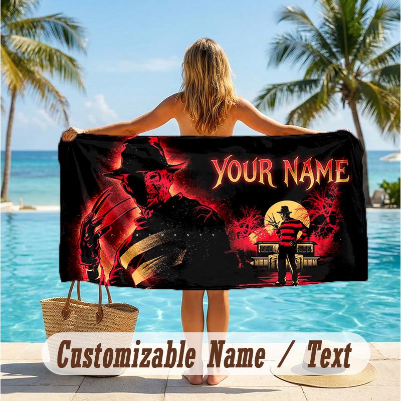 Custom Text Beach Towel, Soft Absorbent Swimming Multi-use TowelA Nightmare on Elm Street Freddy Krueger
