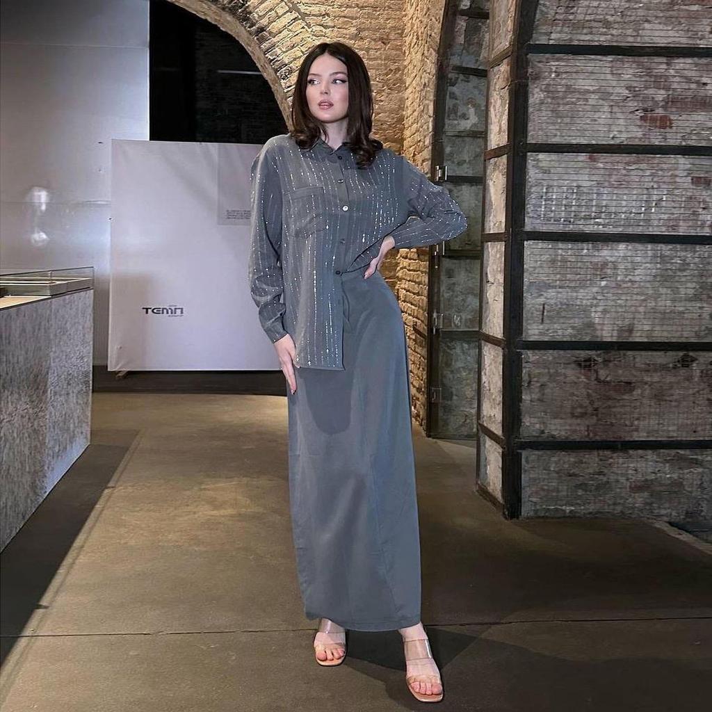 2024 Европейская и Американская Мода Комплект Рубашка с Длинным Рукавом и Юбка Миди