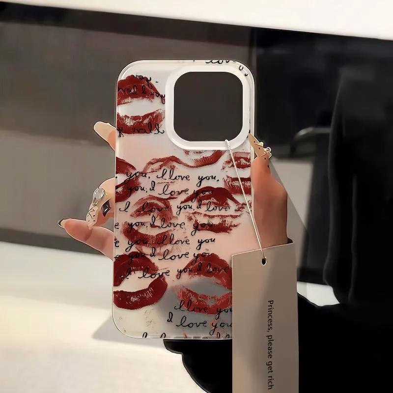 Простой текст Полный экран Красный отпечаток губ Чехол для телефона Для iPhone 17 AIR 16E 15 14 13 12 11 PRO MAX XSMAX XR 7 8 PLUS Y2K Матовый чехол