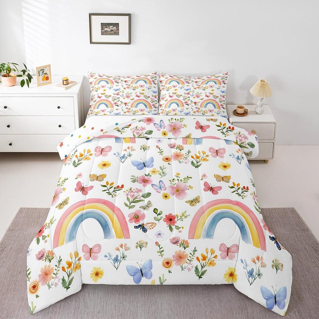 Boho Rainbow Bedding Set For Girls Twin,Cute Bohemian Eyes Moon Sun Comforter Set Kawaii Cloud Dream Catcher Bedding Comforter Sets For Kids