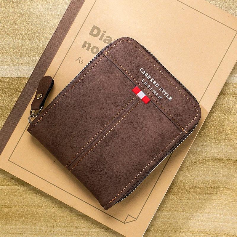 Men's Large Capacity Short Wallet Fashion Retro Trifold Zipper Multi-Card Holder with Chain Accessory