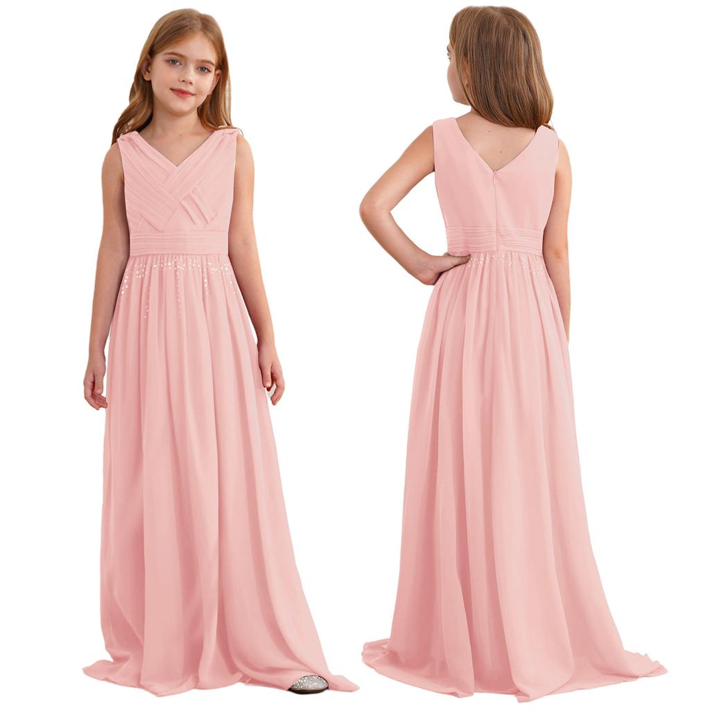 Girls Formal Party Gown V Neck Sleeveless Ruched Interwoven Chiffon Long Dress for Wedding Flower Girl Cocktail