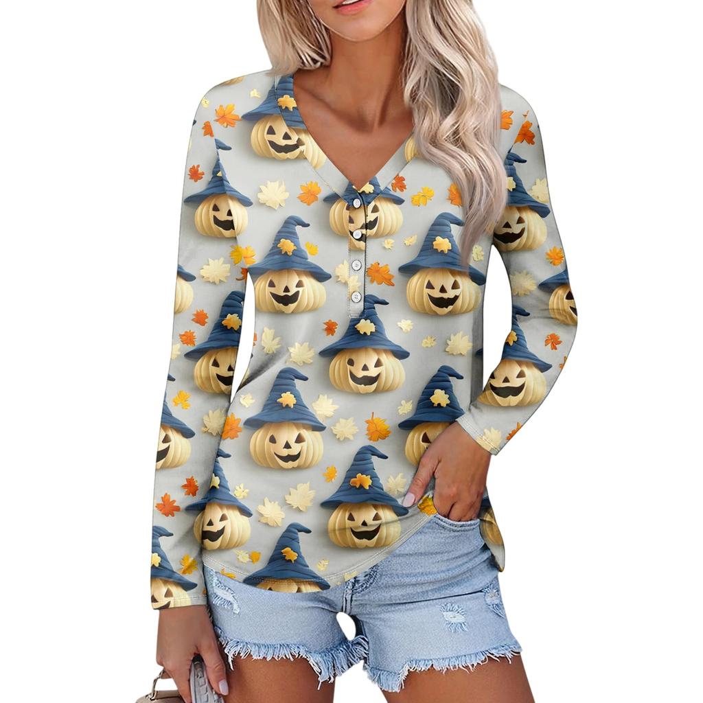 Женская повседневная мода, сексуальный комфорт, Хэллоуин с принтом и v-образным вырезом, пуговицы, длинный рукав