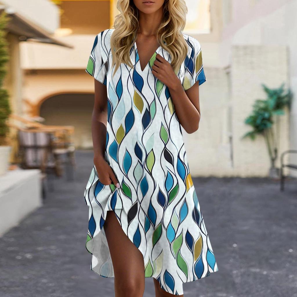 Women's Casual Fashion Lapel Floral Print Dress Short Sleeve V Neck Short Skirt