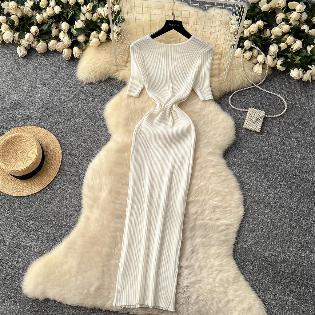 RUGOD сексуальное ажурное трикотажное платье 2025 года, облегающее, с коротким рукавом, с круглым вырезом, французское женское нежное облегающее длинное платье