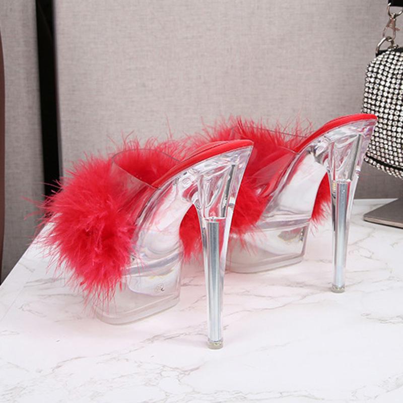 Женские туфли на шпильке, прозрачные пушистые пикантные модные сандалии на каблуке 14 см и платформе 4 см WZ
