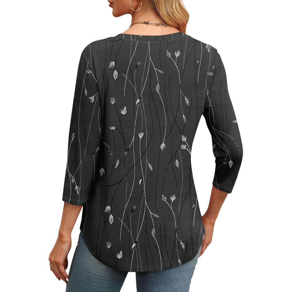 Женская модная футболка с круглым вырезом и рукавом 3/4 с принтом, повседневная, базовая, плиссированная, пуловер