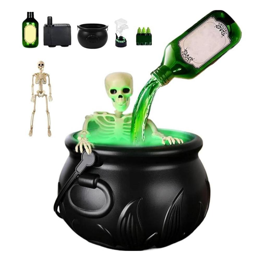 Spooky Witch Mist Maker Cauldron with Floating Bottle Plastic Cauldron & Skeleton Halloween Decor Cauldron Horror House Decor