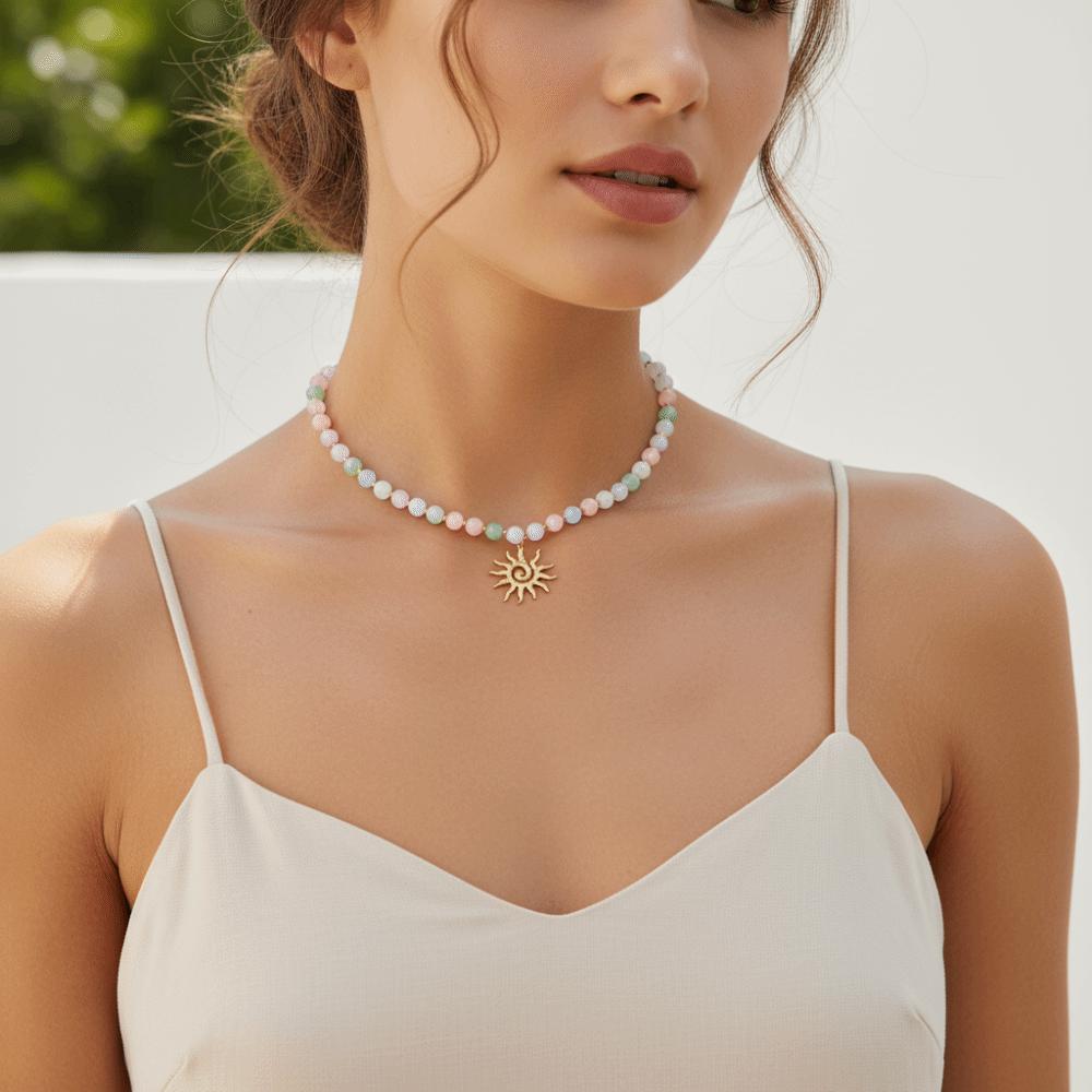 Gold Plated Beaded Bracelet Set UV Reactive Cat Eye Choker Sun Pendant Necklace Women Gift