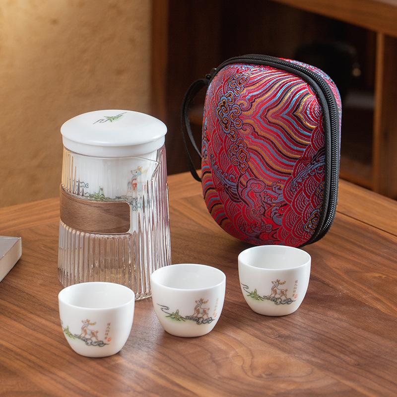 Чайный набор для путешествий на открытом воздухе Quick Cup, переносная сумка, антипригарное стекло, баранина, нефрит, фарфор, набор для кунг-фу, одна кастрюля, три чашки