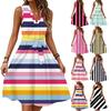 Women's Summer Fashion Loose V-Neck Sleeveless Lace-Up Striped Print Dress