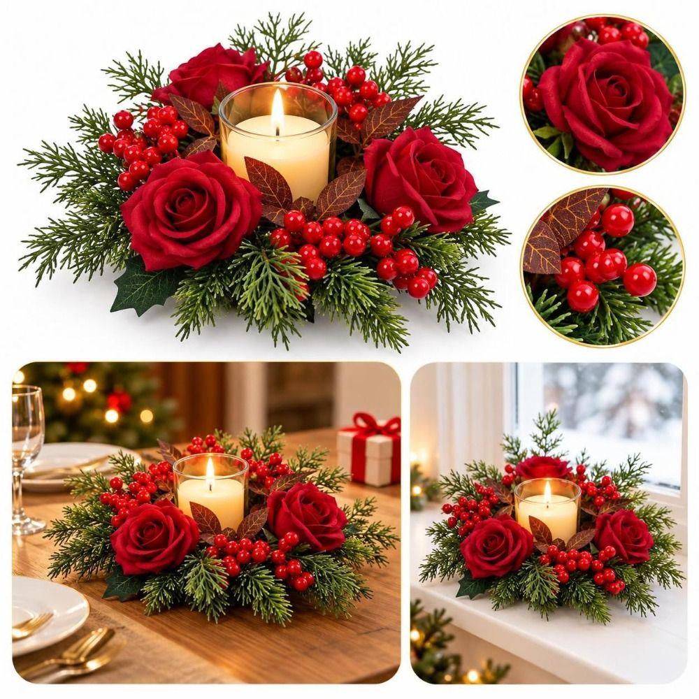 Artificial Berries Pinecone Pine Christmas Candle Ring Dining Table Centerpiece