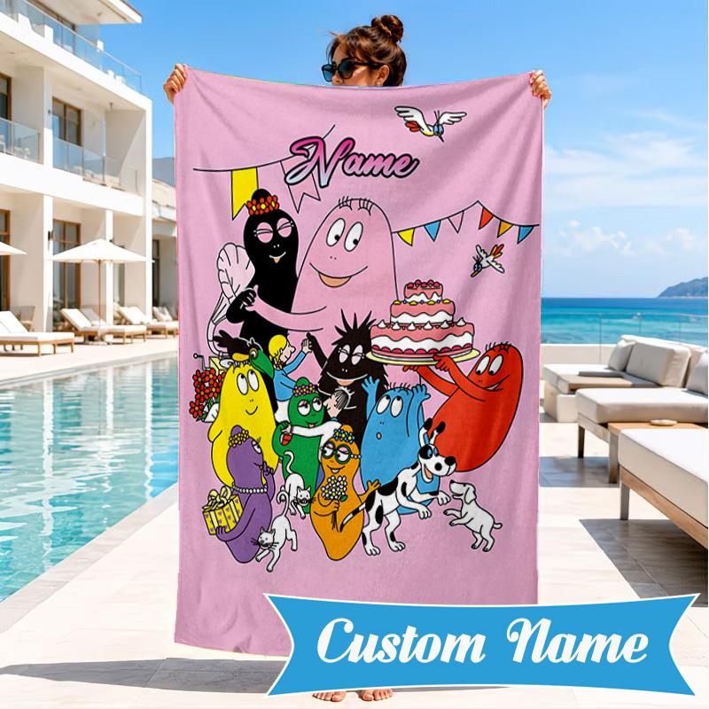 Custom Name Colorful Cartoon Barba-papa Heart In Space Adventure Microfiber Beach Towel, Lightweight for Summer Travel, Swimming Pool Fan Gift