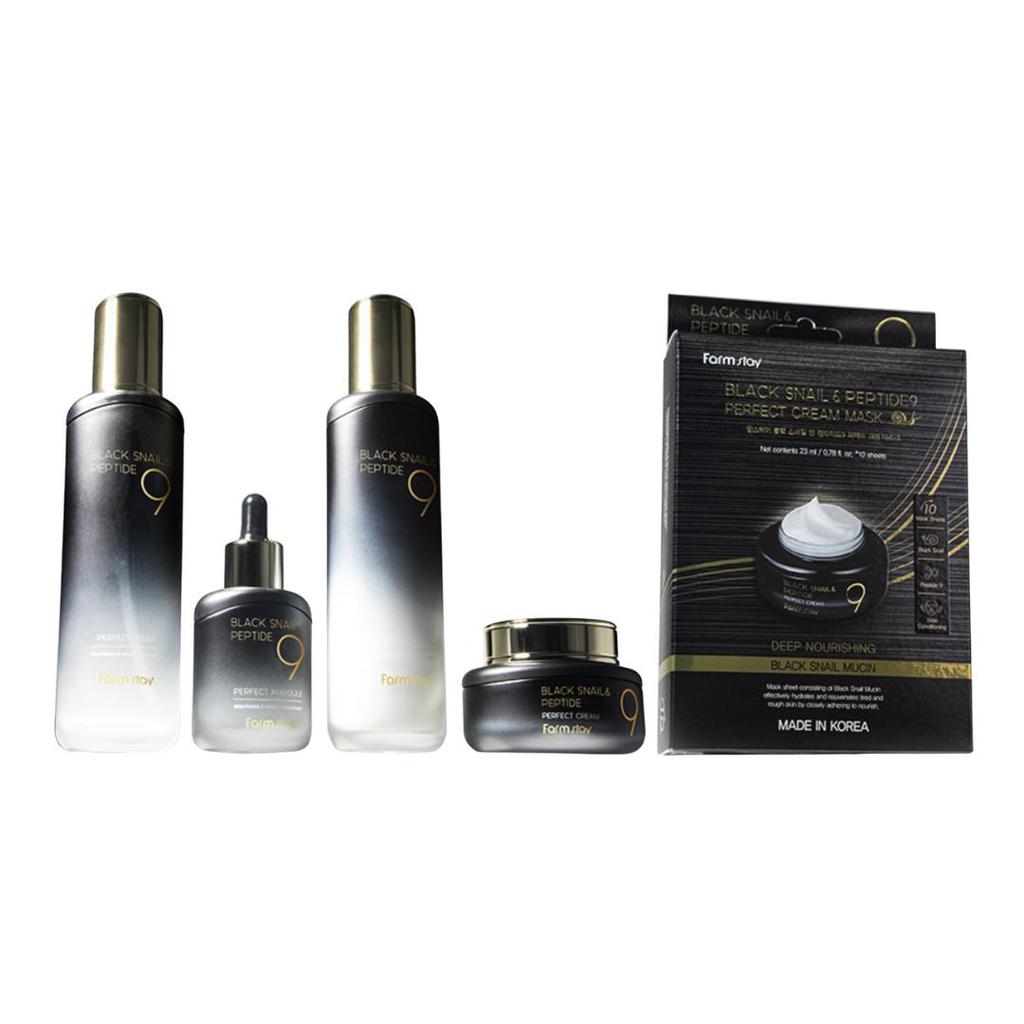 FARMSTAY Black Snail & Peptide9 Perfect Skincare Collection Toner Ampoule Emulsion Cream Mask Pack
