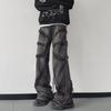 Men's Distressed Black Wax-Coated Flared Jeans