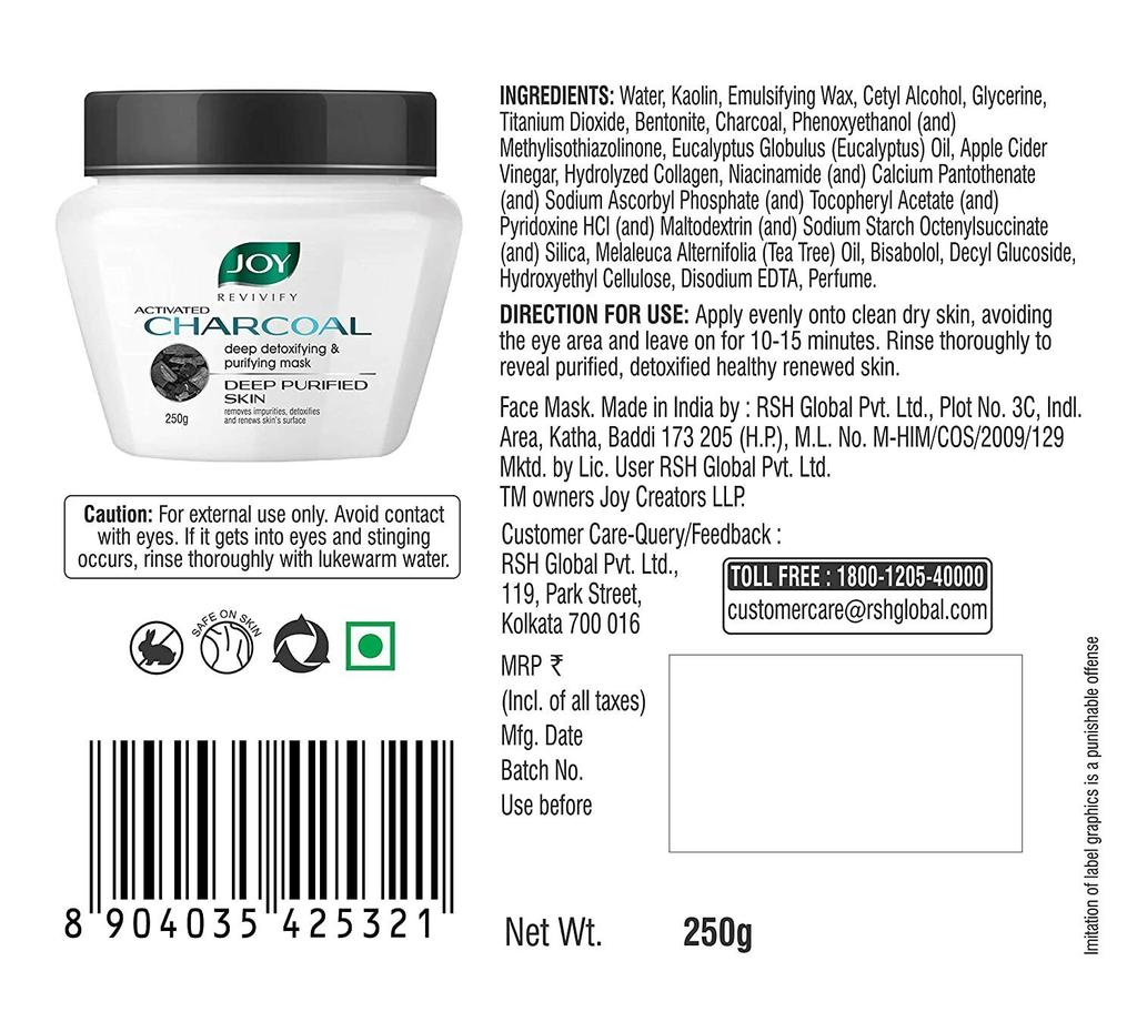 Joy Revivify Activated Charcoal Mask | Deep Detoxifying & Purifying Mask - 250g