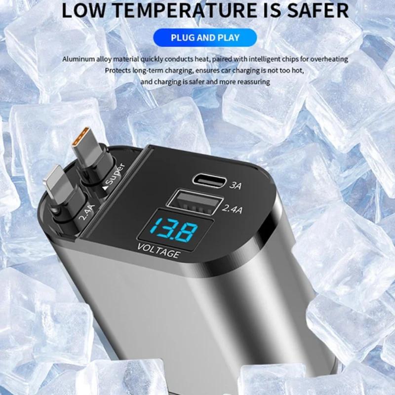 120W 4 IN 1 Car Charger with Retractable Cable USB Type C Cable For IPhone Samsung Fast Charge Cord Cigarette Lighter Adapter