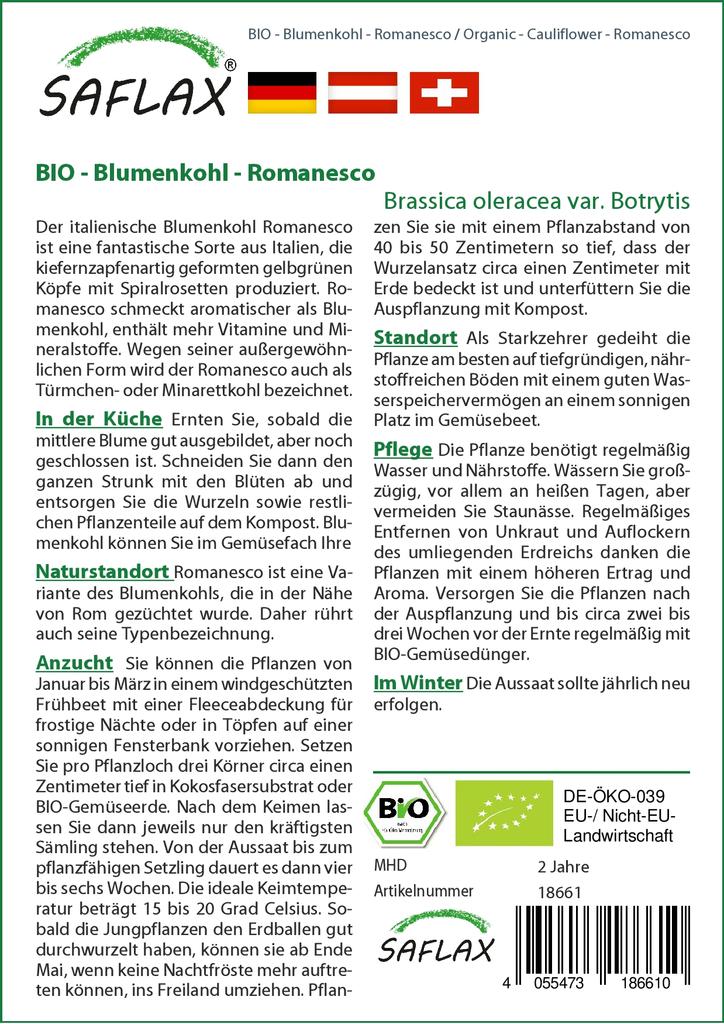 SAFLAX Garden in the Bag - Органический - Цветная капуста - Романеско - 50 семян - С субстратом в подходящем пакете - Brassica oleracea