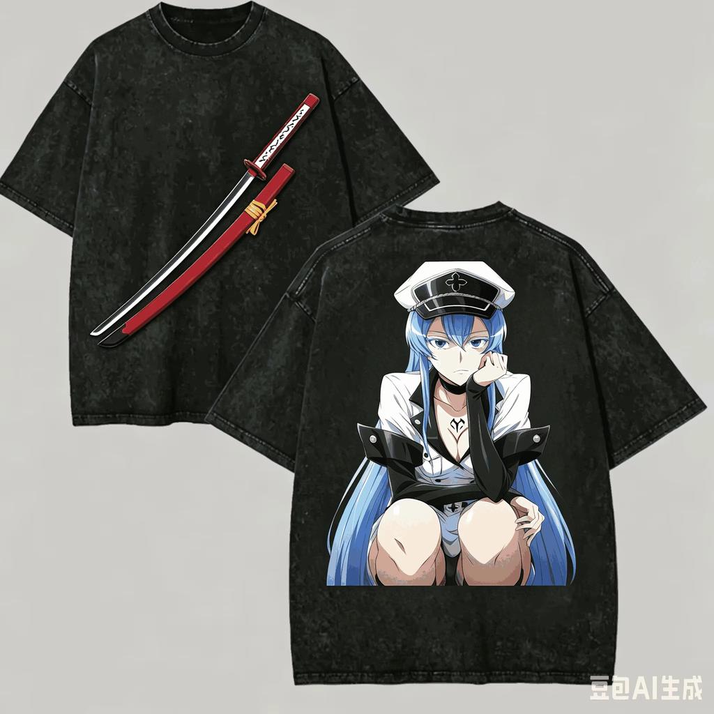 Винтажная стираная футболка Akame Ga Kill Эсдес с двусторонним принтом Хлопок Круглый вырез Короткий рукав Унисекс Оверсайз Уличная одежда Футболки