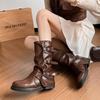 Плиссированные полусапоги с пряжкой, женские осенне-зимние, верхняя одежда, ретро-панк, боковая молния, сапоги-трубы, ковбойские сапоги в западном стиле