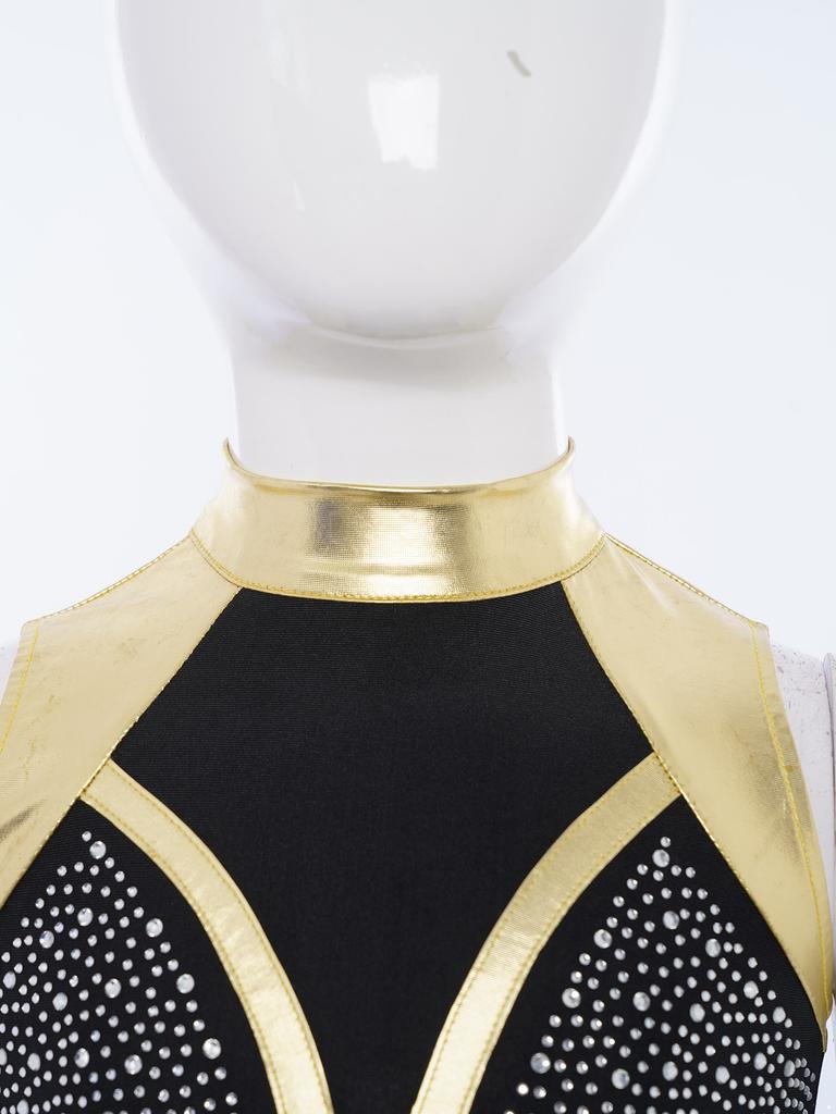 Детская танцевальная одежда Кроп-топ с воротником-стойкой Без рукавов Вырез на спине Блестящие стразы Металлик