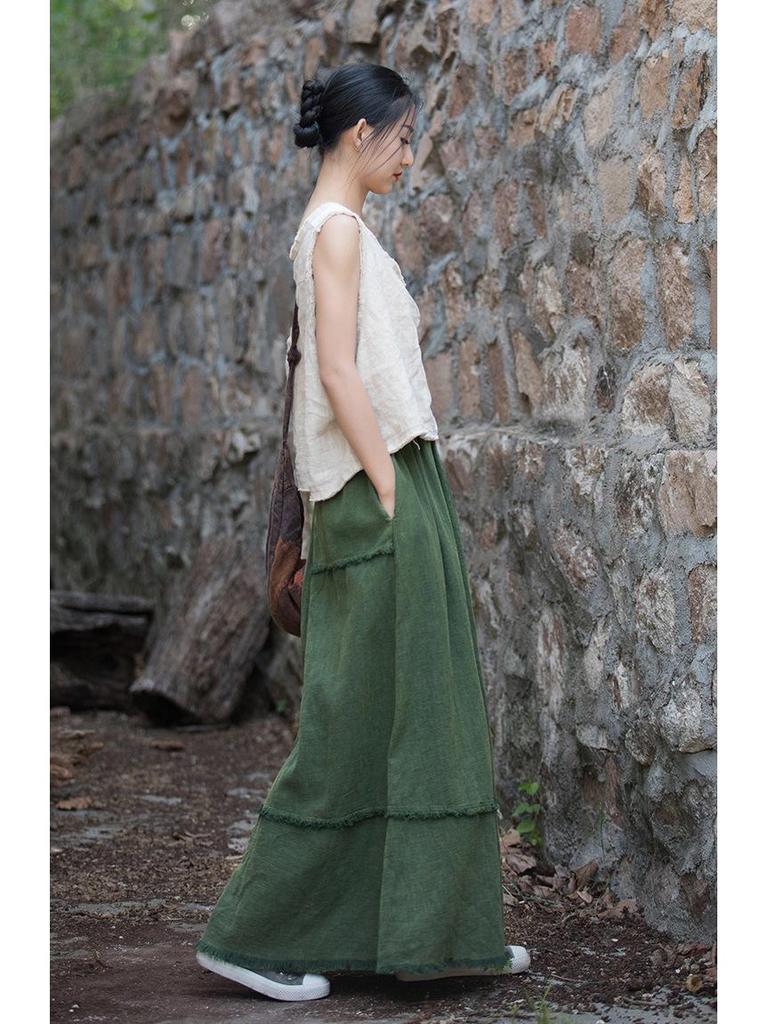 Женская повседневная юбка миди из рами, хлопка и льна: Выстиранный песком, Универсальный для дома или путешествий, Идеально подходит для весны и лета