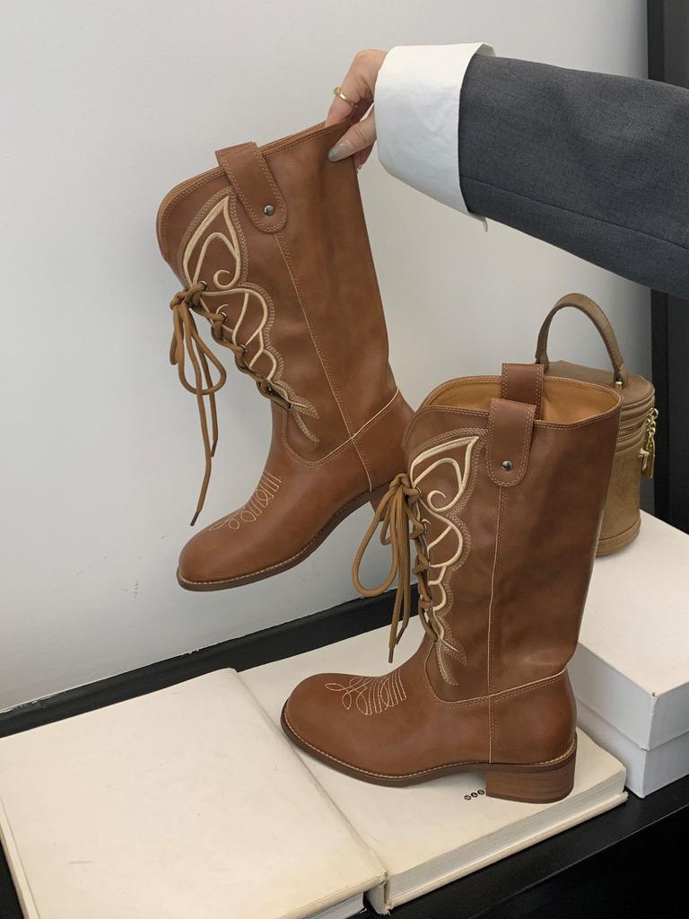 French Retro Strap Embroidered V-mouth Western Cowboy Boots Medium Tube Martin Boots Desert Wind Travel Thick Heel Knight Boots