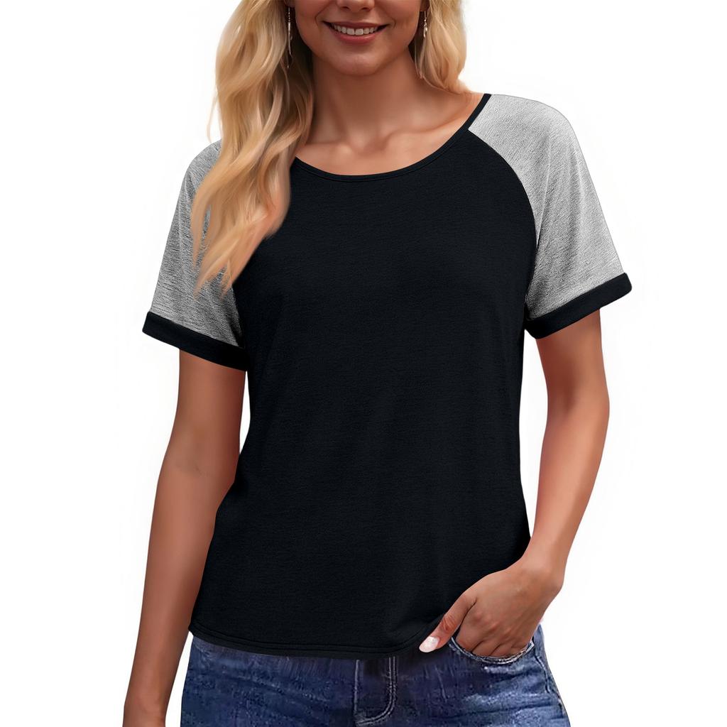 Women's Casual Loose Contrast Color Stitching Round Neck Short Sleeve Top