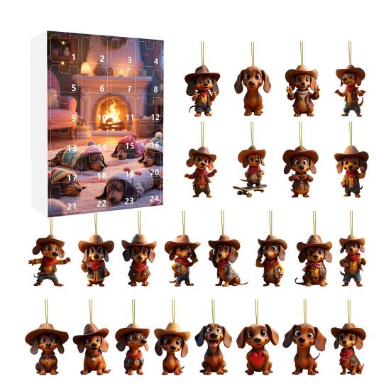 Календарь ожидания Рождества с собакой таксой 2025 24 дня Календарь обратного отсчета до Рождества с 2D акриловыми подвесными украшениями в виде таксы для декора елки