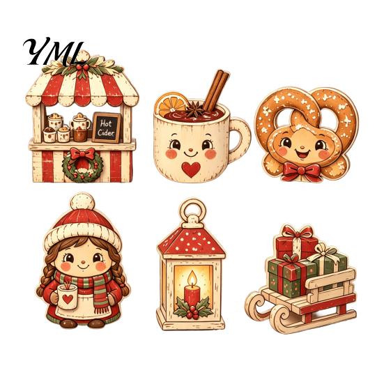 Retro Christmas Table Decorations 6Pcs Wooden Figurines, Vintage Desktop Ornaments, Cartoon Holiday Decorative Panels Tabletop for Tiered Tray