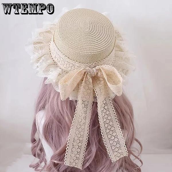 WTEMPO Women's Lace Bow Retro Elegant Large Brim Foldable Sun Hats Solid Color Casual Versatile Summer Sunscreen Beach Hats