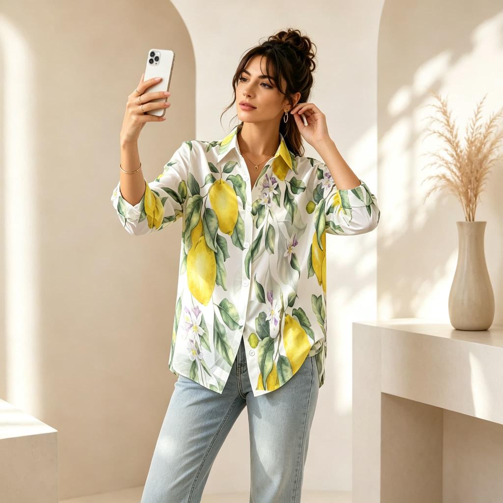 Women Fresh Lemon Fruit Plant Print Lapel Long‑Sleeve Shirt, Vivid Refreshing Look, Fit for Summer Trip, Shopping and Casual Outing