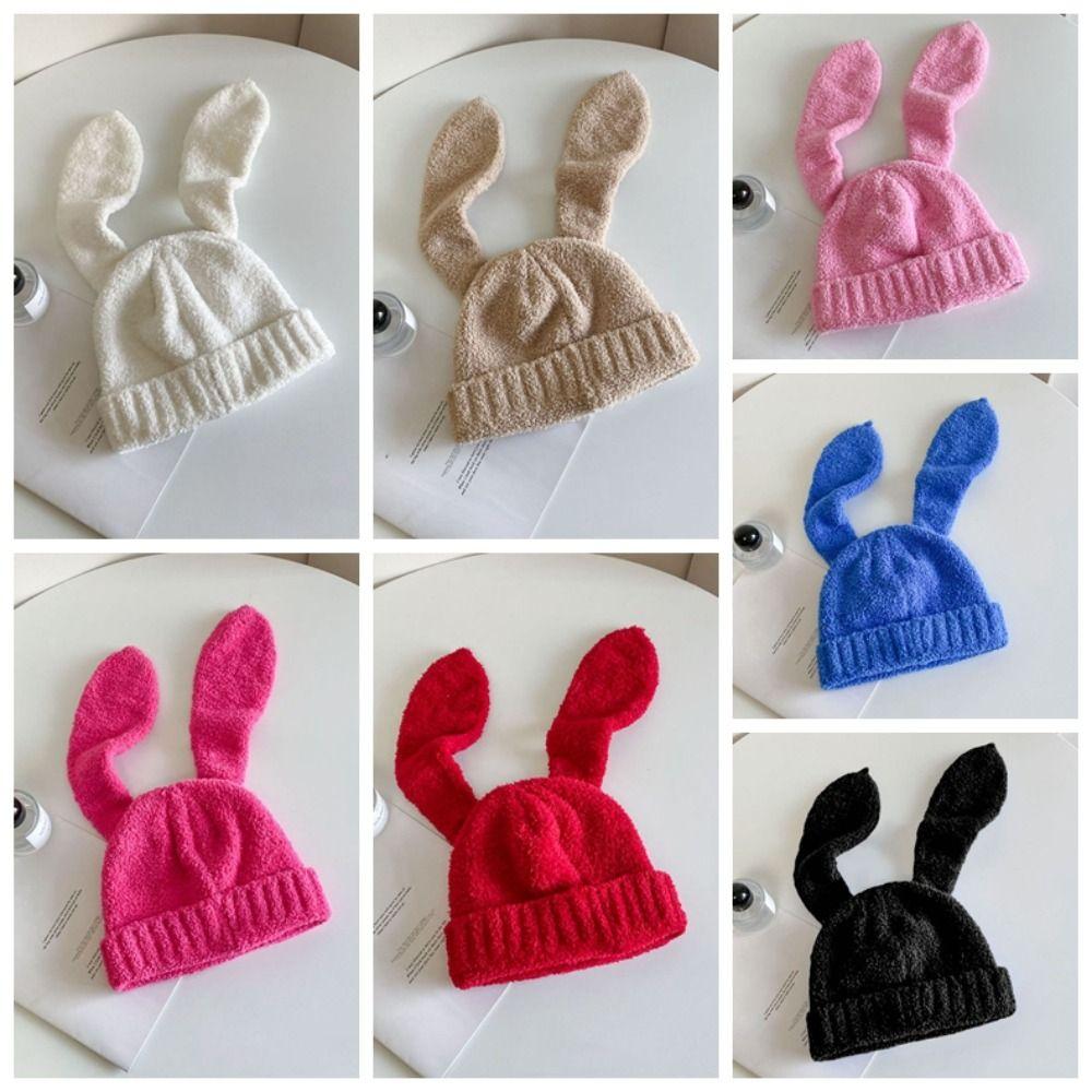 Knitted Rabbit Ear Hats Solid Color Plush Skull Cap Lovely Women Beanie Hat Girl