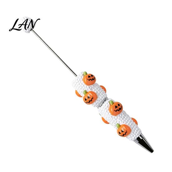 Decorative Pens with Beads Halloween Rhinestone Beadable Pen, DIY Sparkly Cat Pumpkin Ghost Plastic Beaded Smooth Writing Glitter Black Ink Ballpoint