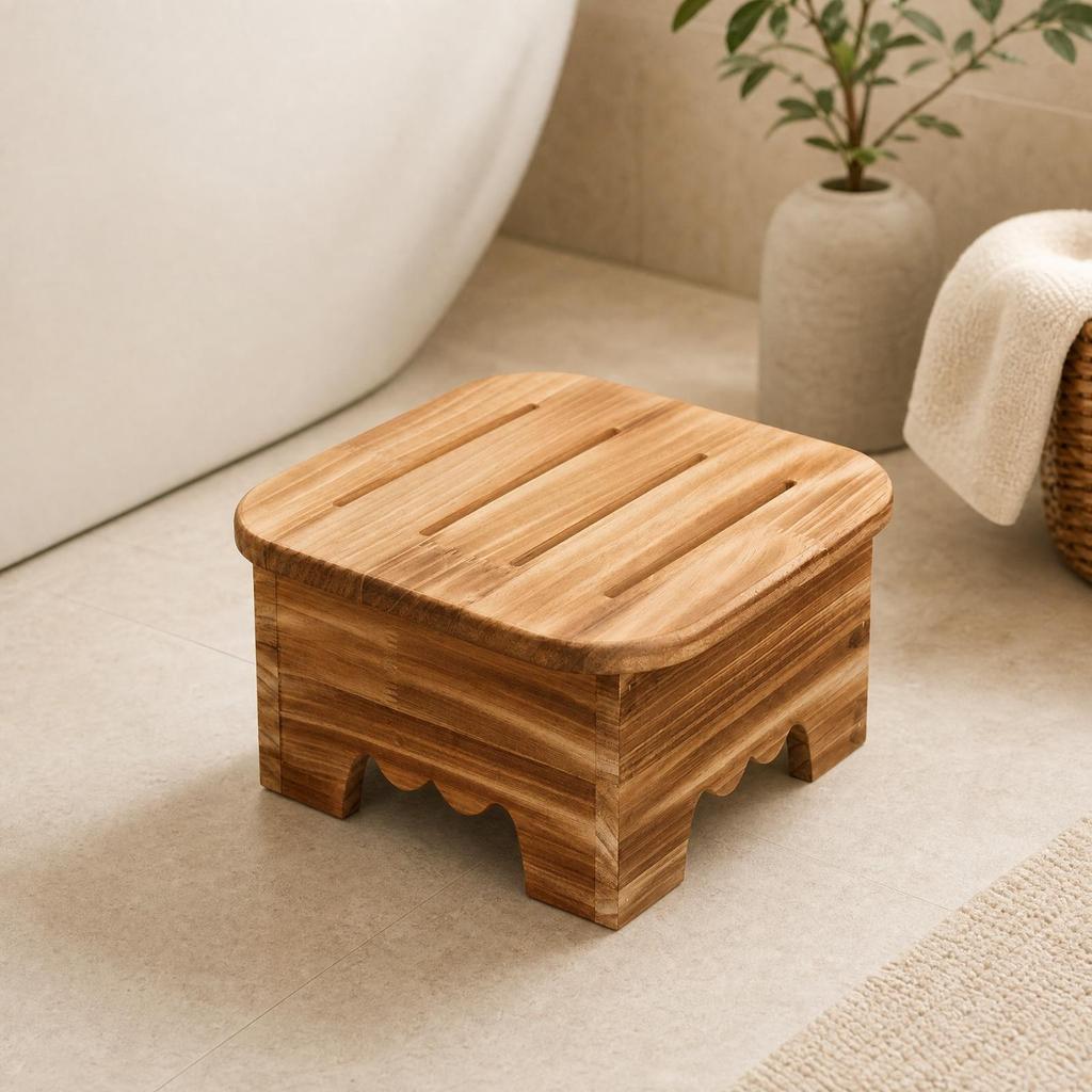 Footstool with Slotted Top Sturdy Square Wooden Footrest Compact for Adults,