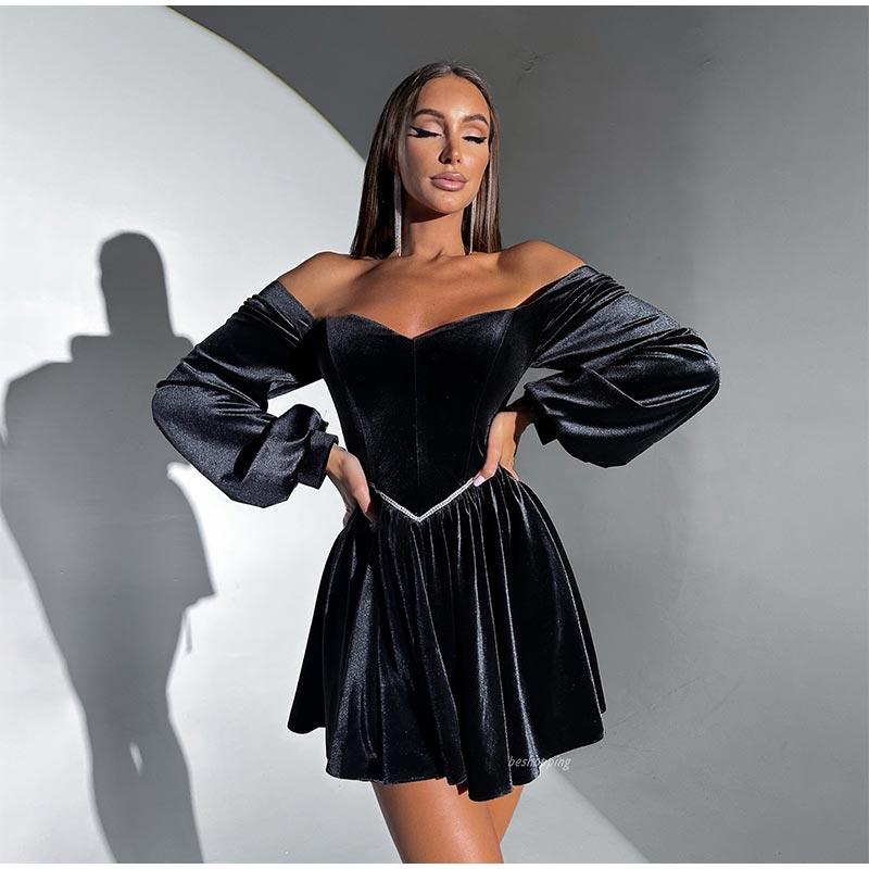 Sexy Velvet Strapless Short Party Dress Women Off Shoulder Long Sleeve Autumn Lady Christmas Evening Bandage Dresses