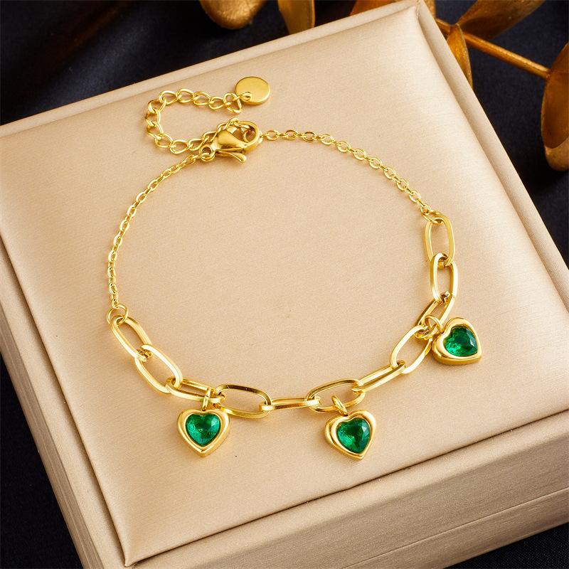 Retro Minimalist Heart Pendant Bracelet with Colorful Fashion Gemstone and Titanium Steel Chain Versatile Accessory