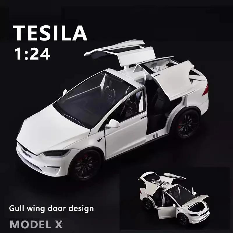 AKW1 Новый 1:24 Симуляция Модель автомобиля Tesla X из сплава Звук и свет Инерционная игрушечная машинка Металлическая Электромобиль Коллекция для мальчиков Украшение Подарок