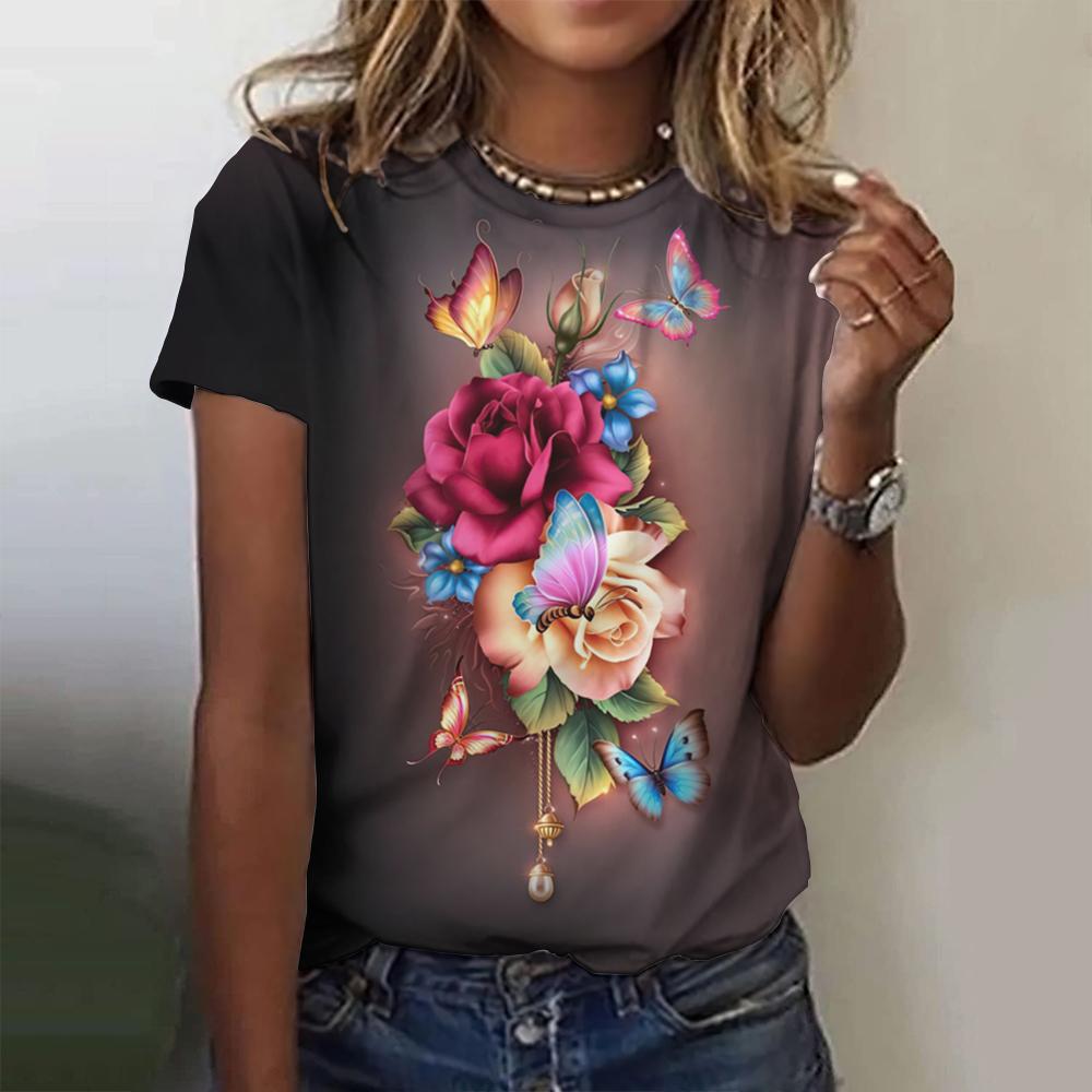 Летний топ с круглым вырезом и 3D-цветочным принтом, модные повседневные женские футболки с короткими рукавами