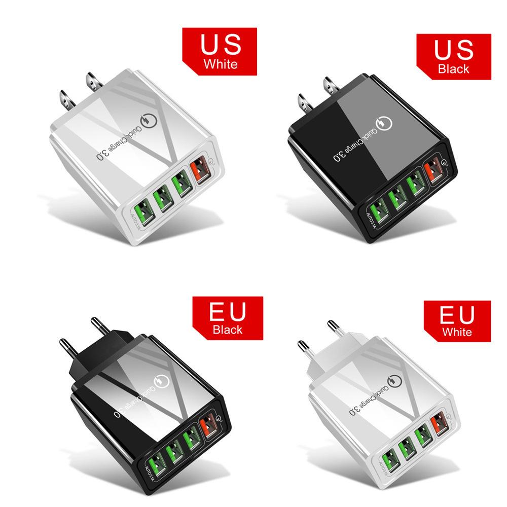 4-портовое USB-зарядное устройство QC3.0 с вилкой EU/US/UK, Светящееся 9V2A, 5V 30W Быстрая зарядка