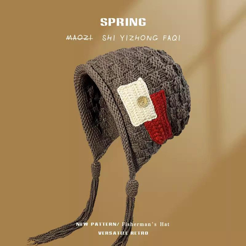 Korean Version Trend Tassel Warm Hat for Women Autumn and Winter Handmade Knitted Wool Hat Versatile Ear Protection Hat
